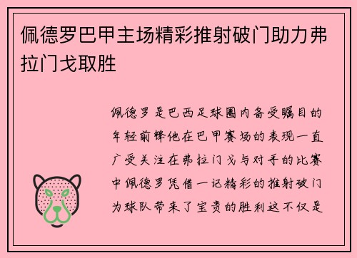 佩德罗巴甲主场精彩推射破门助力弗拉门戈取胜 佩德罗巴甲主场精彩推射破门助力弗拉门戈取胜