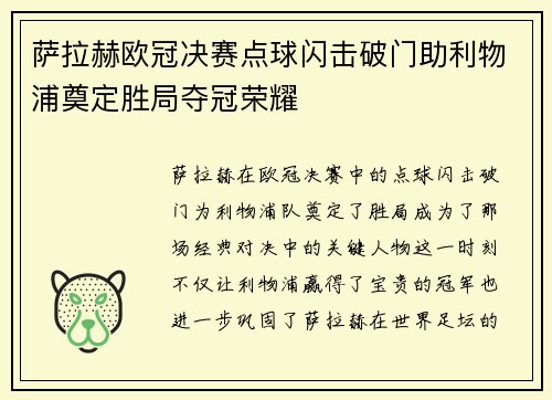 萨拉赫欧冠决赛点球闪击破门助利物浦奠定胜局夺冠荣耀